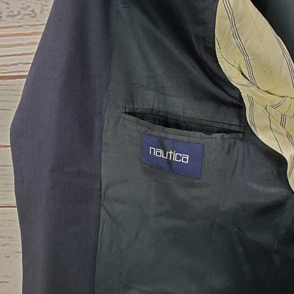 Nautica Men's Blue Wool 3 Button Mini Herringbone Sports Blazer Size 44L
